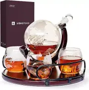 Whiskey Decanter Set with Wooden Base - Etched World Globe Whiskey Decanter Sets