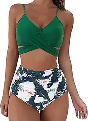 [Generic] Women Plus Size Cross Wrap Bikini Set Sexy Tummy Control Swimwear Swimsuit Push Up High Waisted 2 Piece Swimsuits