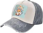[YANYU] Cute Animal Fox Flowers Print Fashion Washed Distressed Baseball Cap Vintage Adjustable Hat with Classic Brim, Gray, One Size