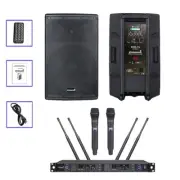 15" PA Bluetooth Speakers 4000W Powered Stage Speaker + 2CH UHF Microphones