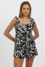 Black Abstract Playsuit Sleeveless Tie Shoulder Linen Blend - Size 16XL, Women's Playsuit