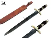 Handmade Damascus Steel Blade Sword Stag Horn Handle With Sheath Fixed Blade