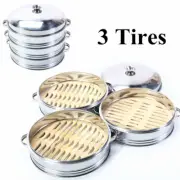 3 Tires Bamboo Food Steamer Basket with Stainless Steel Lid Steamer Cooker Set