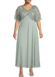 J KARA Plus Size 16W Celadon/Mercury Flutter Sleeve Beaded Chiffon Gown NWT $298