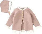 [BEBALETY] Baby Toddler Girls Knit Cardigan Ruffled Long Sleeve Button-Up Sweater with Hat