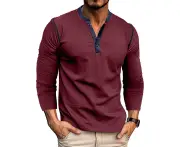 Men's Long Sleeve Shirts Button V-neck Undershirts Classic Baselayer Henley Shirts for Men -Wine Red