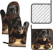 4 pcs Oven Mitts and Pot Holders Set 500°F Heat Resistant Oven Gloves and Hot Pads Kitchen Mittens Dog Dachshund Cooking Gloves Potholders for Baking Grilling