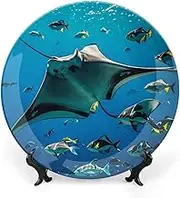 Decorative plates for stingrays and fish, ceramic decorative plates for display, boho style dinner plate with display stand, china plate for decoration