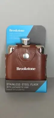 Brookstone Stainless Steel Flask With Leatherette Case 6.76 fl oz