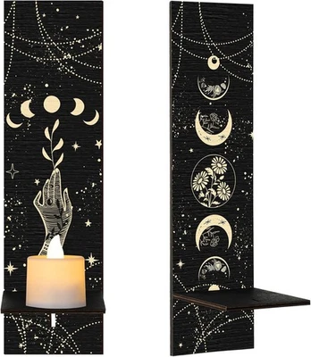 BBTO Set of 2 Boho Wooden Wall Candle Sconces Rustic Sun Moon Phases Black