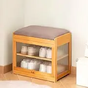 Shoe Storage Bench,Bamboo Shoe Rack with Flip Glass Door,Upholstered Entryway Shoe Bench,Changing Stool 2 Shelves Shoe Cabinet for Entryway Bedroom Living Room(50 * 32 * 43CM, A)