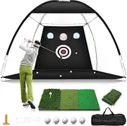 Golf Net,Golf Practice Net with Golf Mat,Golf Hitting Aid Nets 10x7FT for Backyard Driving Chipping Training Swing with Target Mat Balls for Outdoor Indoor,Golf Gifts