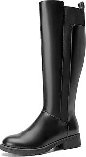 [SelenePair] Women's Flat Low Heel Knee High Boot Fashion Extra Wide Calf Boots Side Zip Stretch Winter Booties