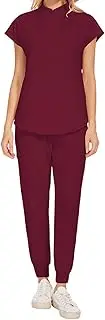 [Dickly] Women Scrubs Sets Top Jogger Pants Doctor Comfortable Soft Workwear Healthcare Nurse Costume Nursing Uniforms for Esthetician Cosmetology, Wine Red S