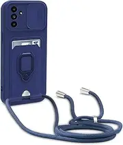 [Dllatui] Mobile Phone Case Compatible with Samsung Galaxy M34 / 5G, Necklace Lanyard, Silicone Case with Camera Protection Slider, Rotating Stand with Card Slot, Necklace Case (Blue)
