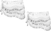 [sourcing map] Belly Dance Hip Scarf 59x11, 2 Pack Women's Belly Dance Costume Skirt Wrap with 248 Silver Coin for Dance or Yoga Class, White, White, M