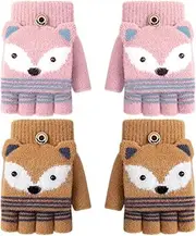 [TUONYIS] 2 Pairs Kids Boys Girls Winter Knitted Mittens, Cute Half Finger Gloves Convertible Flip Top Gloves Toddler Magic Stretch Mittens for Girls Boys Age 3-9 Years