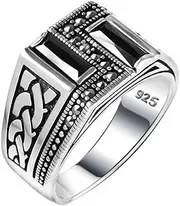 [Babylon Silver] Genuine Solid 925 Sterling Silver Black Onyx Stone Handmade Statement Ring for Men