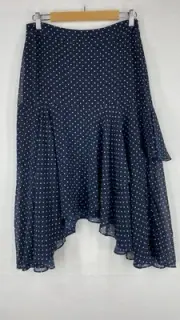 Portmans Navy Polka Dot Asymmetric Skirt Size 12 NWT – Flowy Hem, Lined, Midi