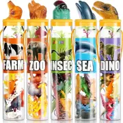 69Pcs Small Animal Figures, Mini Jungle Toy Set with Sensory Bin, Realistic Wild