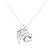 Sterling Silver Tiny Paw Print Charm with Tiny Angel Wing Charm Necklace, Mem...
