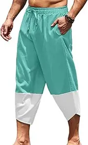 [Generic] Men's Casual Beach Yoga Hippie Pant Linen Harem Capri Pants Comfort Men Drawstring Lightweight Loose 3/4 Capris Trousers
