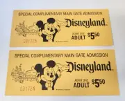 Vtg Disneyland Complimentary (2) Adult Main Gate Admission Tickets $5.50 Unused