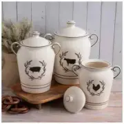 Set of 3 Ceramic Black & White Farmhouse Animals Canisters Pig Rooster Cow