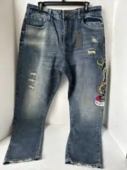 Men’s Size 38 Ed Hardy Denim Jeans New York City Eagle Skull Patch Distressed