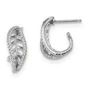 Sterling Silver Rhodium-Plated Cz J-Hoop Leaf Post Earrings