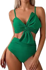 [Generic] Women's High-Waisted Bikini Set Tummy Control Swimsuit Bohemian Bow Push-Up Two-Piece Swimsuit Sexy V-Neck Bathing Suit Slimming Swimwear