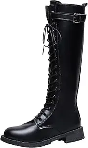 [Generic] Women's Knee High Boots Size 11 Black PU Over The Knee Boots With Laces Thick Heeled Lace Up Platform Boots