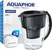 AQUAPHOR Water Filter Jug Amethyst Black 3 X MAXFOR+ Filters Included I Capacity 2.8l I Fits in The Fridge Door I Reduces Limescale Chlorine & Microplastics