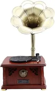 Retro Phonograph Record Player Bluetooth Speaker with with Copper Horn Nostalgic Vintage Vinyl Gramophone Turntable for Home Decoration