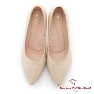 【CUMAR】拼接鞋面簡約金屬沿條裝飾高跟鞋(米色)