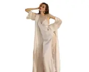 2pcs Soft Silk Kimono Robe Dressing Gown Sexy Lace Nightgown Sleepwear White