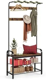 VASAGLE Coat Rack, Cloakroom Hallway Furniture with Removable Hooks, Bench and Shoe Shelf, Height 183 cm, Metal Frame, Industrial Style, Rustic Brown and Black HSR400B01