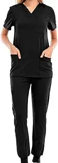 [Dickly] Uniforms Scrub Set Workwear Nurse Top Pants Lightweight Clothes Short Sleeve Nursing Work suits for Pet Grooming Beauty Salon, Black Color M