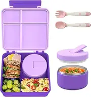 Bento Lunch Box with 8oz Soup Thermo, Leak-Proof Lunch Containers with 4 Compartment, Thermo Hot Food Jar and Insulated Lunch Bag for School Purple