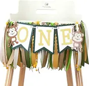TUTOTU 1 Year Old Birthday Banner - Baby Monkey First High Chair Banner, Boy, Safari Jungle Party Gold