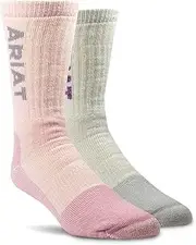 [ARIAT] Women s Mid Wt Merino Wool Blend Steel Toe Crew Socks, 2-Pair Pack, Oatmeal/Pink, Large