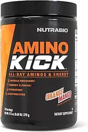 NutraBio Amino Kick - Amino Acid Energy Formula - BCAA's, Electrolytes for Hydration, Natural Caffeine (Orange Mango)
