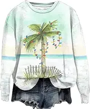 [yawslaw] Christmas Plam Tree Sweatshirt Women Christmas Lights Graphic Pullovers Top Hawaii Beach Holiday Shirts