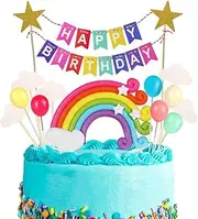 Xihuimay 15pcs Cake Topper Set: Happy Birthday Banner, Rainbow, Cloud, Star & Balloon Picks for Boys & Girls Birthday Party Decoration