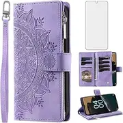 [Asuwish] Phone Case for Nokia G60 5G Wallet Cover with Tempered Glass Screen Protector Wrist Strap Mandala Flower Flip Zipper Credit Card Holder Slot Stand Cell NokiaG60 G 60 60G Women Men Purple