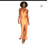 Bardot(Australian) Orange Satin Crepe Halter Crossback Dress, Deep V Front, Fro