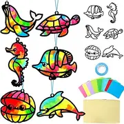 Qyeahkj 36 Set Sea Animal Tissue Paper Crafts DIY Under The Sea Window Suncatcher Craft Kit Ocean Animal Hanging Decor for Summer School Home Activity Art Project Birthday Party Favor Gift