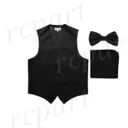 New Men's Tuxedo Vest Vertical Stripes Bowtie Hankie prom party Black wedding
