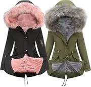 [JEShifangjiusu] Women Wool Lined Military Jacket With Fur Hood 2 Winter Clothing Mid - Long Thick Sherpa Thermal Coat Anoraks, Colour 2, 4XL
