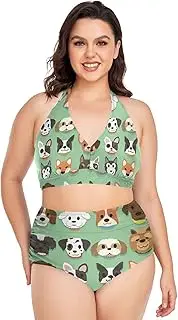 [Caihoyu] Plus Size Bikini for Ladies Tummy Control Bathing Suits High Waisted Bikini Swimwear Cartoon Cute Dogs L